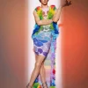 Danny Rainbow Rhinestone Mesh Dress With Vest