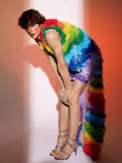 Danny Rainbow Rhinestone Mesh Dress With Vest