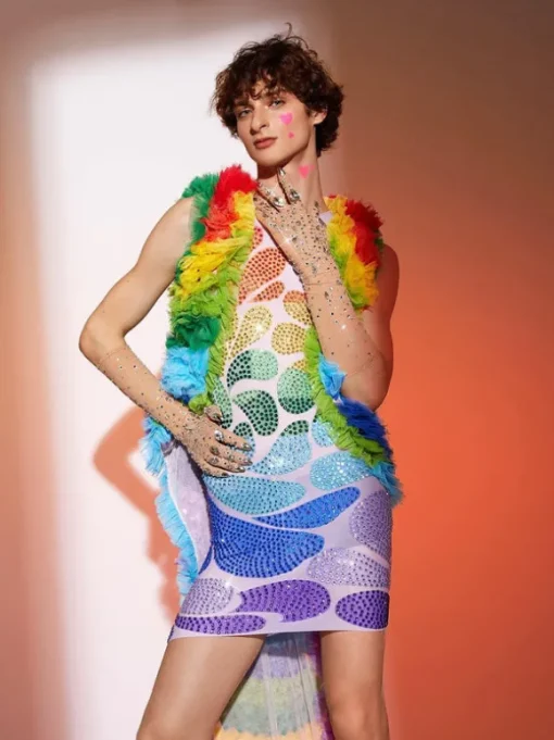 Danny Rainbow Rhinestone Mesh Dress With Vest