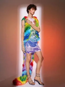 Danny Rainbow Rhinestone Mesh Dress With Vest