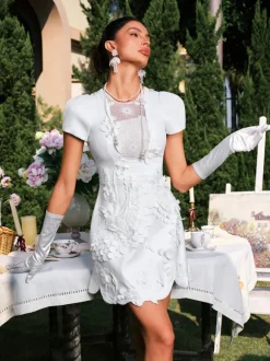 Darice Short Sleeve Flower Pearl Mini Dress