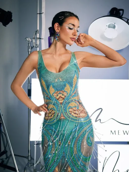 Darrell Print Crystal Fringe Maxi Dress