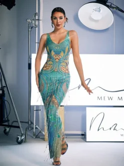 Darrell Print Crystal Fringe Maxi Dress