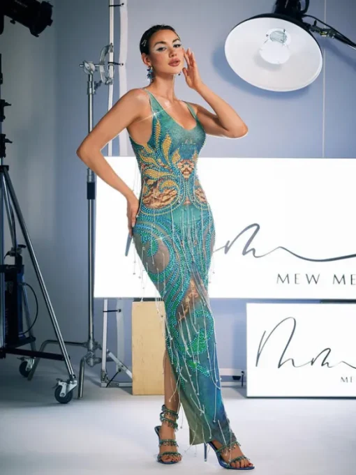Darrell Print Crystal Fringe Maxi Dress