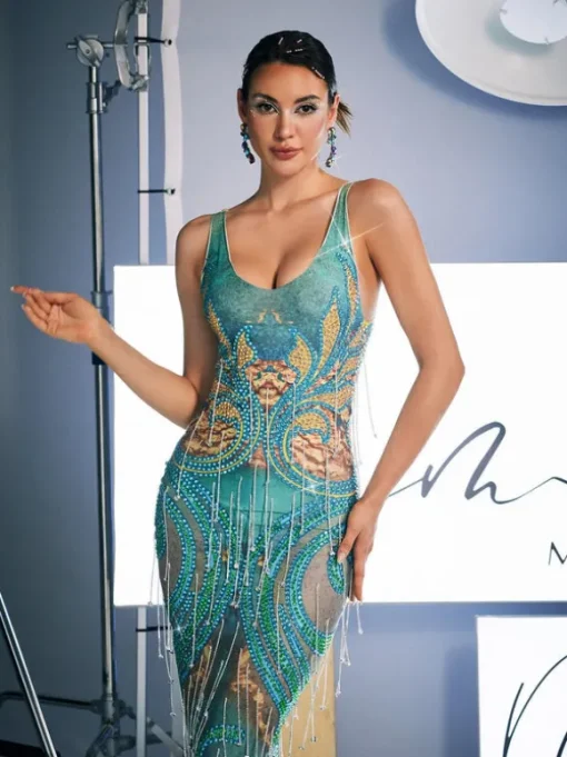 Darrell Print Crystal Fringe Maxi Dress