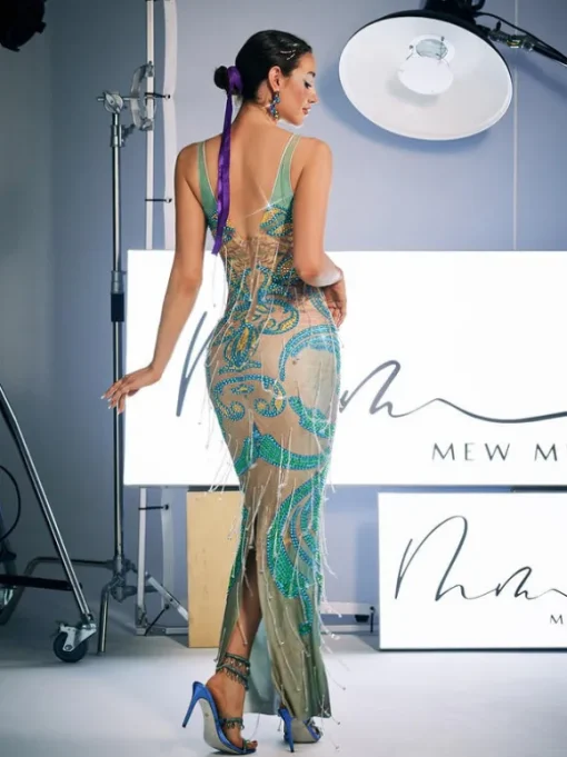 Darrell Print Crystal Fringe Maxi Dress