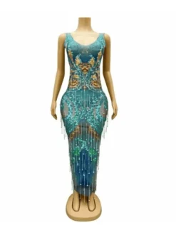 Darrell Print Crystal Fringe Maxi Dress