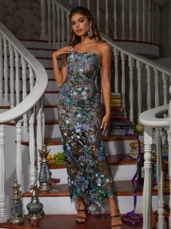 Debra Flower Embroidered Sequin Midi Dress