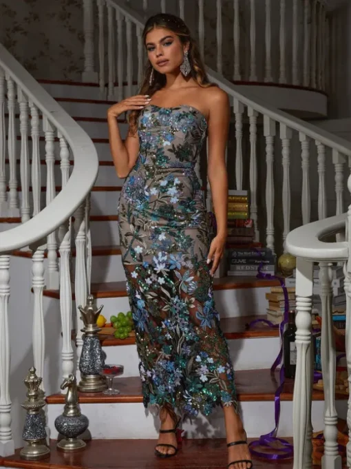 Debra Flower Embroidered Sequin Midi Dress