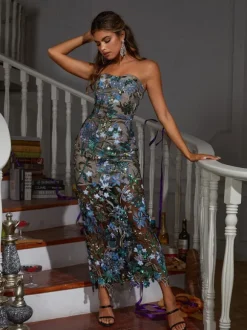 Debra Flower Embroidered Sequin Midi Dress