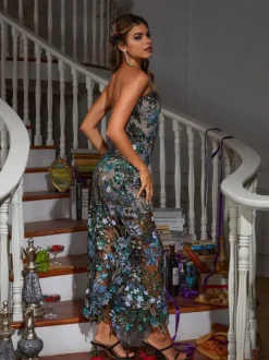 Debra Flower Embroidered Sequin Midi Dress