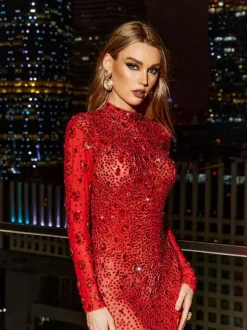Demi Long Sleeve Rhinestone Maxi Dress
