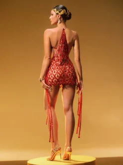 Diego Rhinestone Fringe Sequin Mini Dress In Red