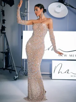 Douglas Strapless Rhinestone Maxi Dress With Gloves