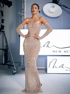 Douglas Strapless Rhinestone Maxi Dress With Gloves