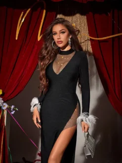 Drusilla Long Sleeve Feather Split Bandage Dress In Black