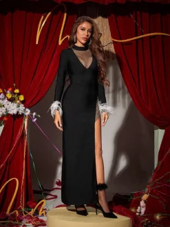 Drusilla Long Sleeve Feather Split Bandage Dress In Black