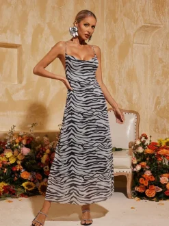 Drynthia Spaghetti Zebra Midi Dress In Grey