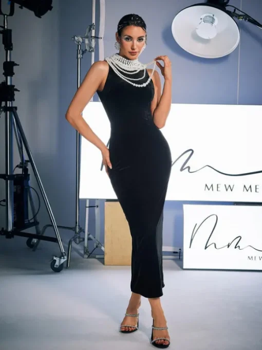 Dustin High Neck Pearl Embellished Maxi Dress