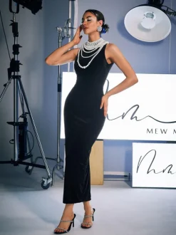 Dustin High Neck Pearl Embellished Maxi Dress