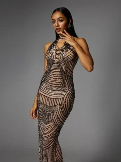 Dyrrik Halterneck Rhinestone Chain Mesh Maxi Dress