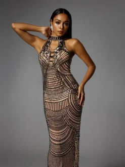 Dyrrik Halterneck Rhinestone Chain Mesh Maxi Dress