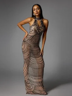 Dyrrik Halterneck Rhinestone Chain Mesh Maxi Dress