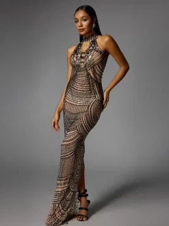 Dyrrik Halterneck Rhinestone Chain Mesh Maxi Dress