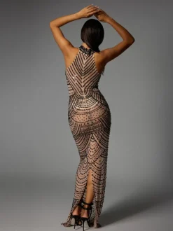 Dyrrik Halterneck Rhinestone Chain Mesh Maxi Dress