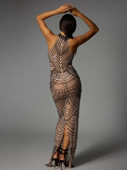 Dyrrik Halterneck Rhinestone Chain Mesh Maxi Dress
