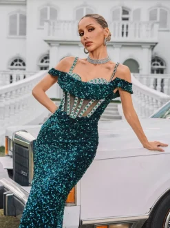 Dyvora Spaghetti Embellished Maxi Dress
