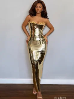 Eadward Strapless Metallic Midi Dress In Gold