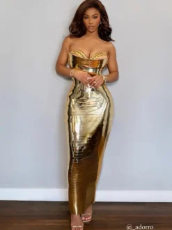 Eadward Strapless Metallic Midi Dress In Gold