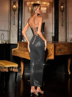 Eadward Strapless Metallic Midi Dress In Black