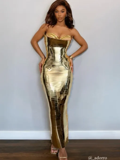 Eadward Strapless Metallic Midi Dress In Gold