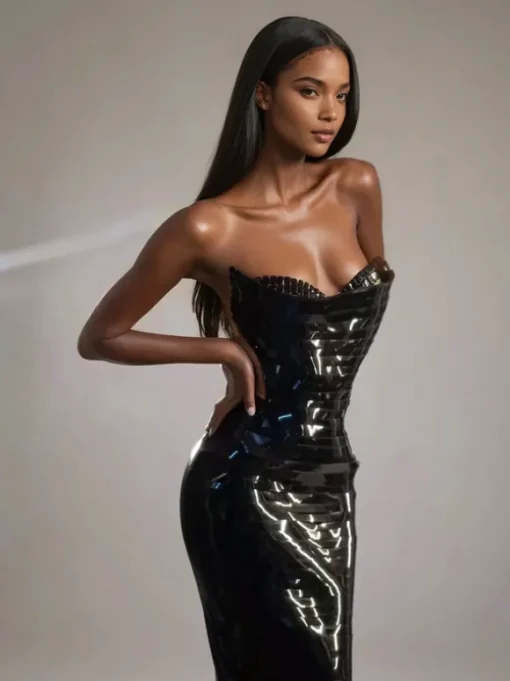 Eadward Strapless Metallic Midi Dress In Black
