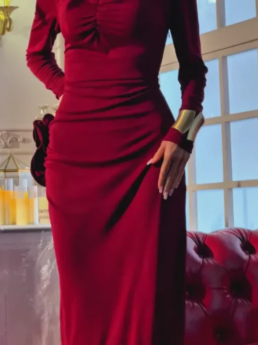 Ebrill Long Sleeve Flower Split Midi Dress