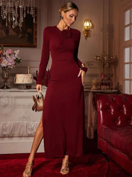 Ebrill Long Sleeve Flower Split Midi Dress