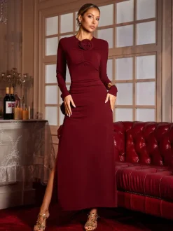 Ebrill Long Sleeve Flower Split Midi Dress
