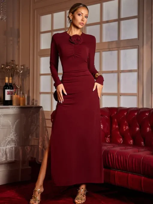 Ebrill Long Sleeve Flower Split Midi Dress