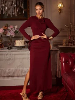 Ebrill Long Sleeve Flower Split Midi Dress