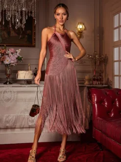 Edaline Halterneck Fringe Midi Dress