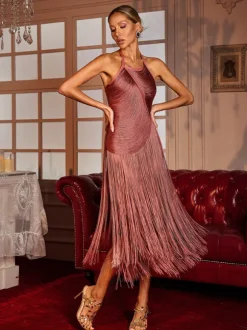 Edaline Halterneck Fringe Midi Dress