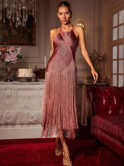 Edaline Halterneck Fringe Midi Dress