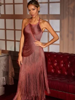 Edaline Halterneck Fringe Midi Dress