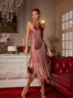Edaline Halterneck Fringe Midi Dress