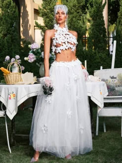 Edimeia High Neck Flower Mesh Skirt Set