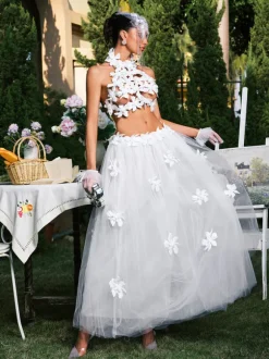 Edimeia High Neck Flower Mesh Skirt Set