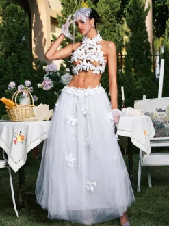 Edimeia High Neck Flower Mesh Skirt Set