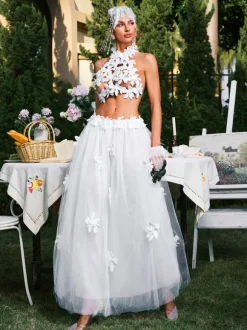 Edimeia High Neck Flower Mesh Skirt Set